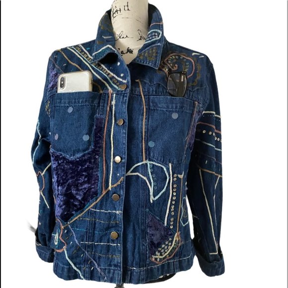 Boho Denim Trucker Jacket Womens XL Embellished Pockets Blue Jean Artsy Festival - Picture 5 of 11